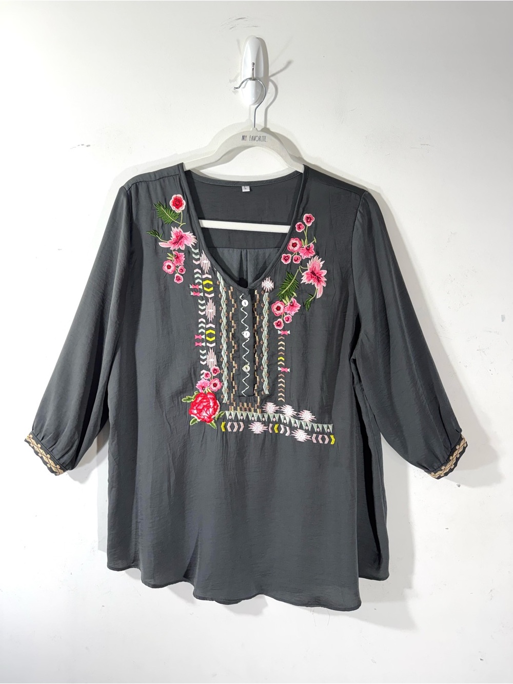 Floryday Floral Embroidered 3/4 Sleeve Tunic Sz L